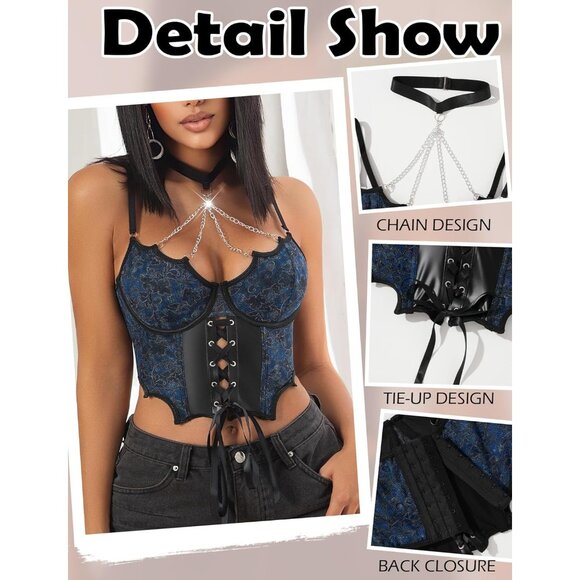 Women Blue Lace Up Bustier Corset Adjustable Drawstring Sleeveless Shapewear - Picture 4 of 5